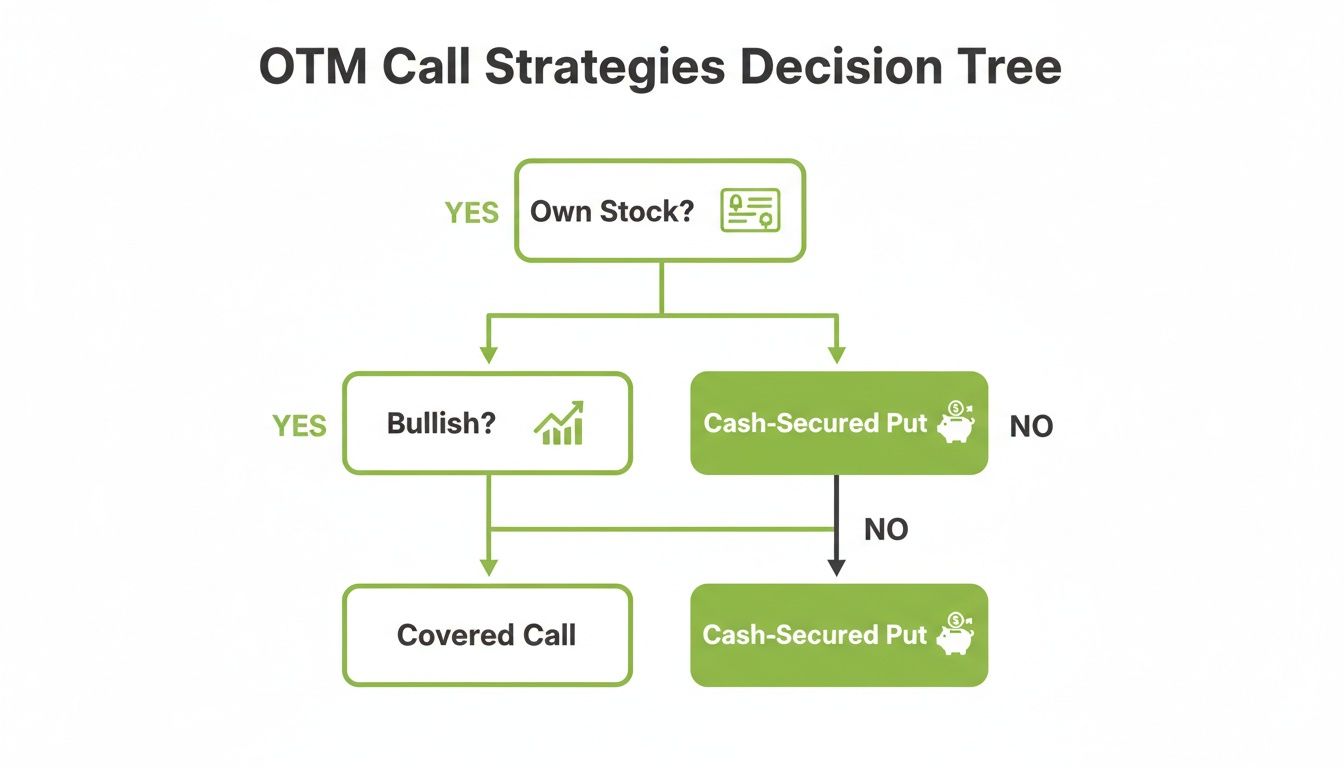 Decision tree outlining OTM call strategies based on stock ownership and market outlook, leading to covered call or cash-secured put.