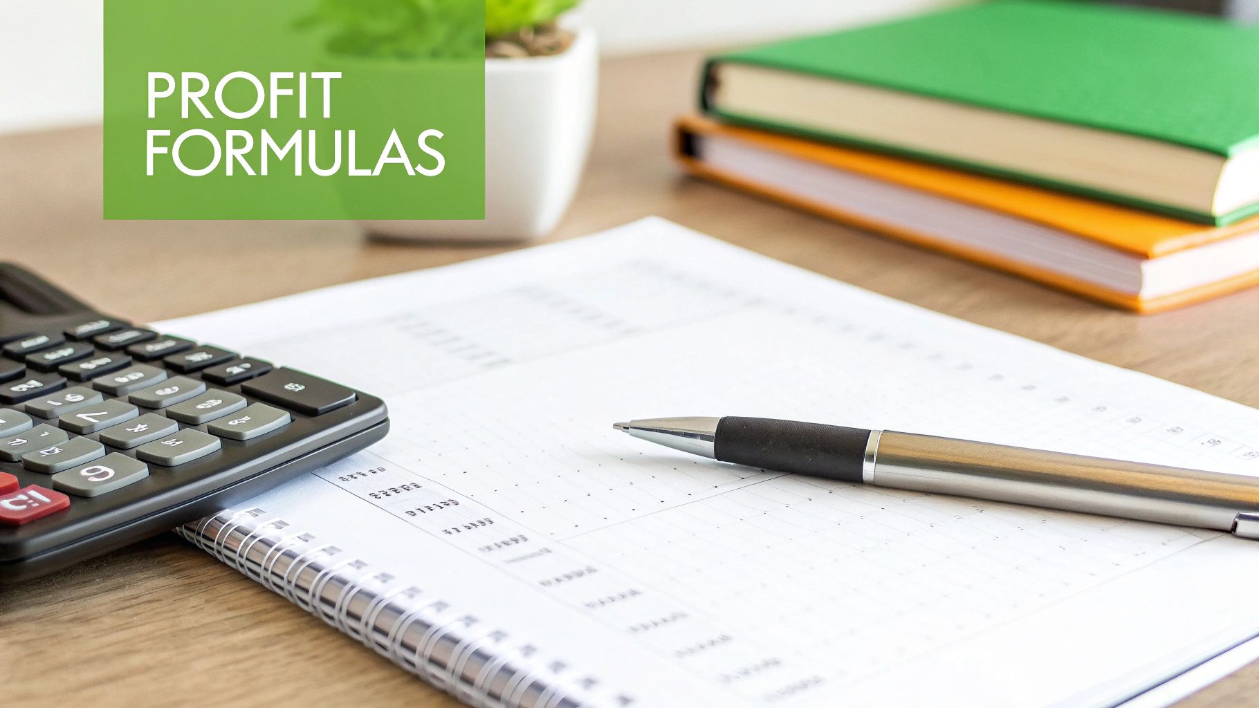 A calculator, pen, and notebook with 'PROFIT FORMULAS' text on a desk with books.