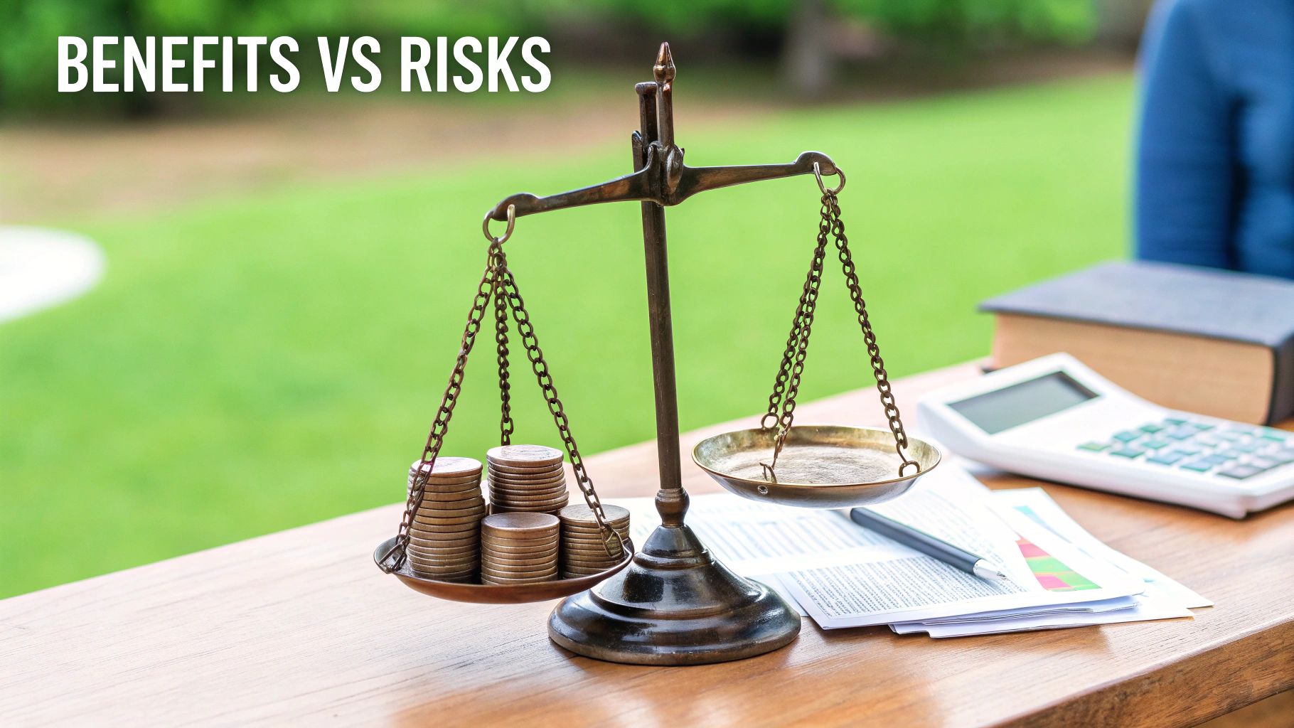 A scale balancing the pros and cons of an investment decision.