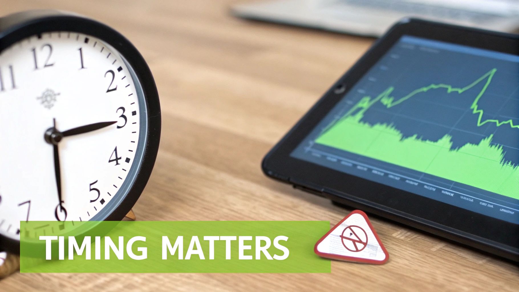 A person looking at a clock and a stock chart, symbolizing the importance of market timing.