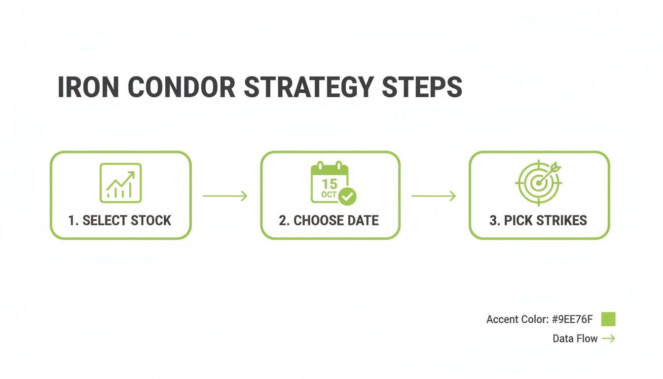 Flowchart illustrating the three key steps of an Iron Condor options trading strategy.