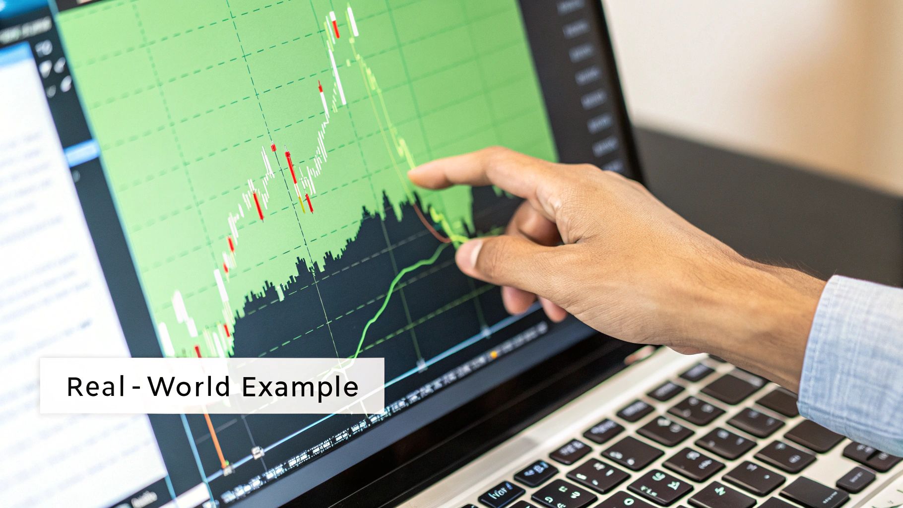 A person looking at a screen with a downward trending red chart, looking concerned.