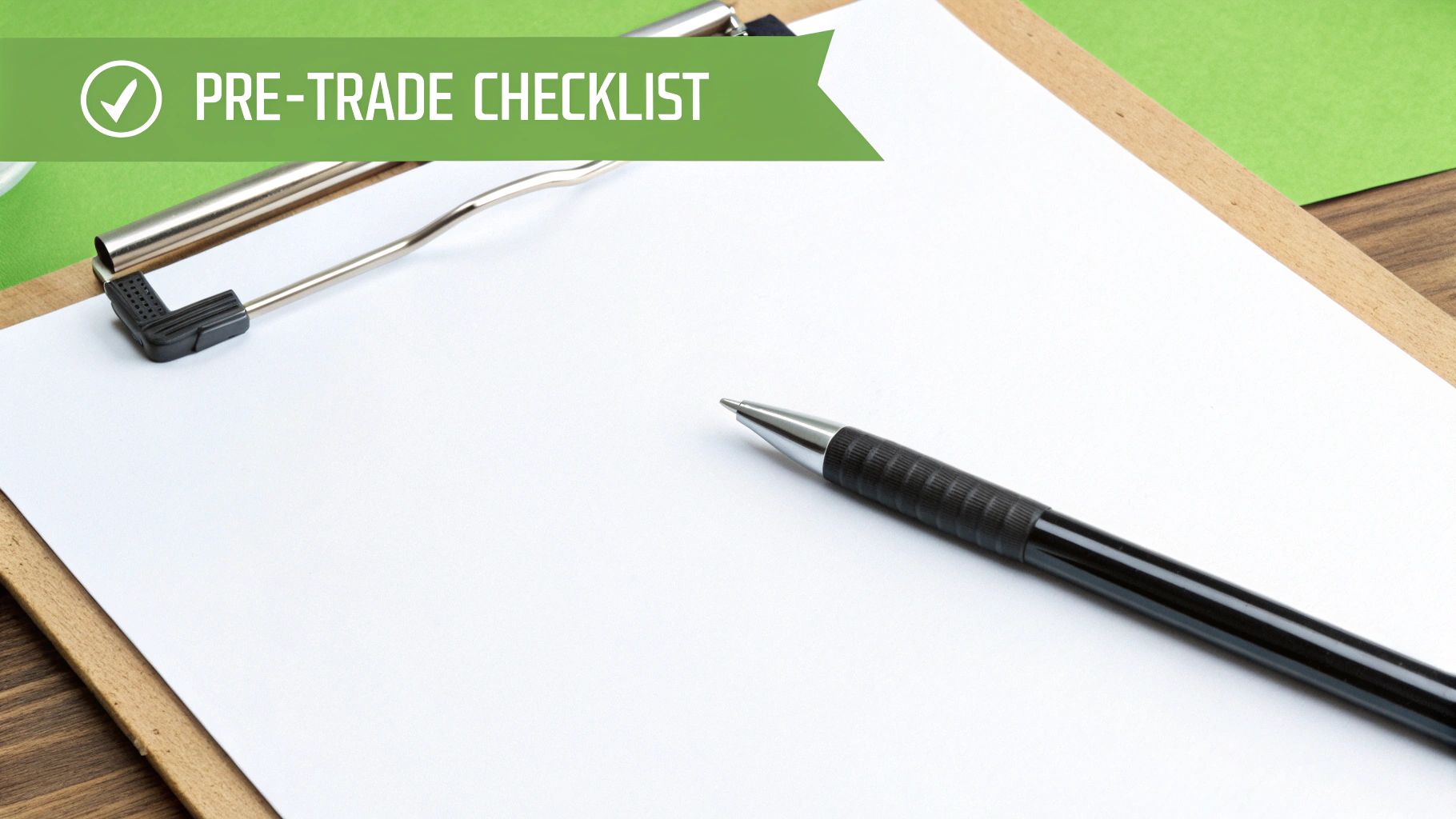 A notepad and pen on a desk with financial charts in a background, symbolizing a pre-trade checklist.