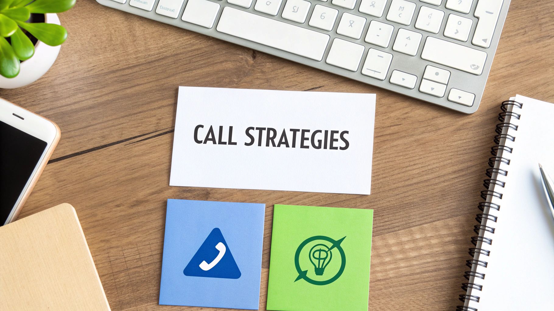 A business flat lay showing 'CALL STRATEGIES' on a card with related icons and office items.