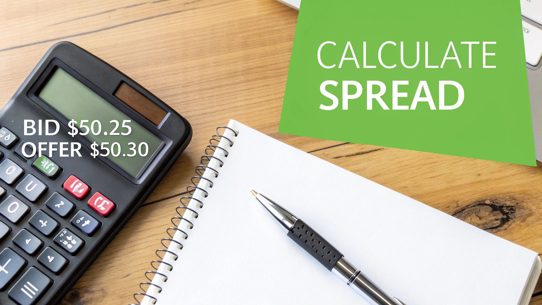 A calculator and a pen on top of financial documents, symbolizing the calculation of the bid-offer spread.