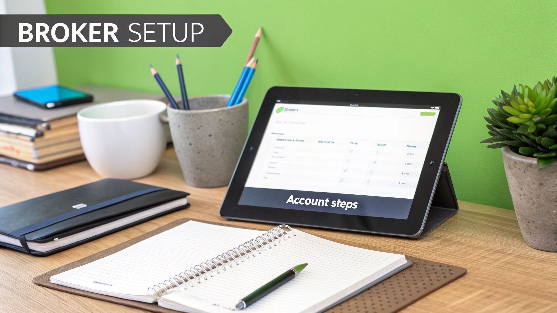 A tablet displaying account steps on a modern desk with notebooks, pencils, and a plant, titled 'BROKER SETUP'.