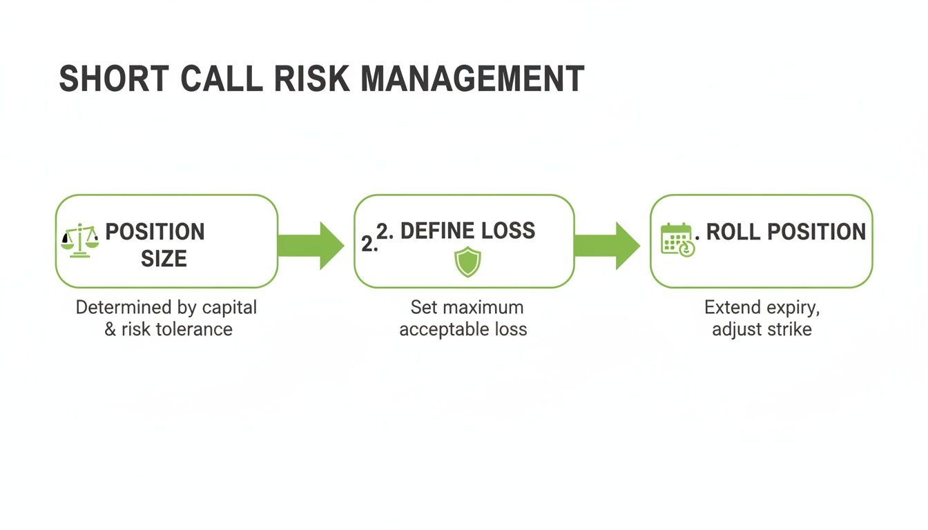 Flowchart illustrating short call options risk management steps: position sizing, defining loss, and rolling.