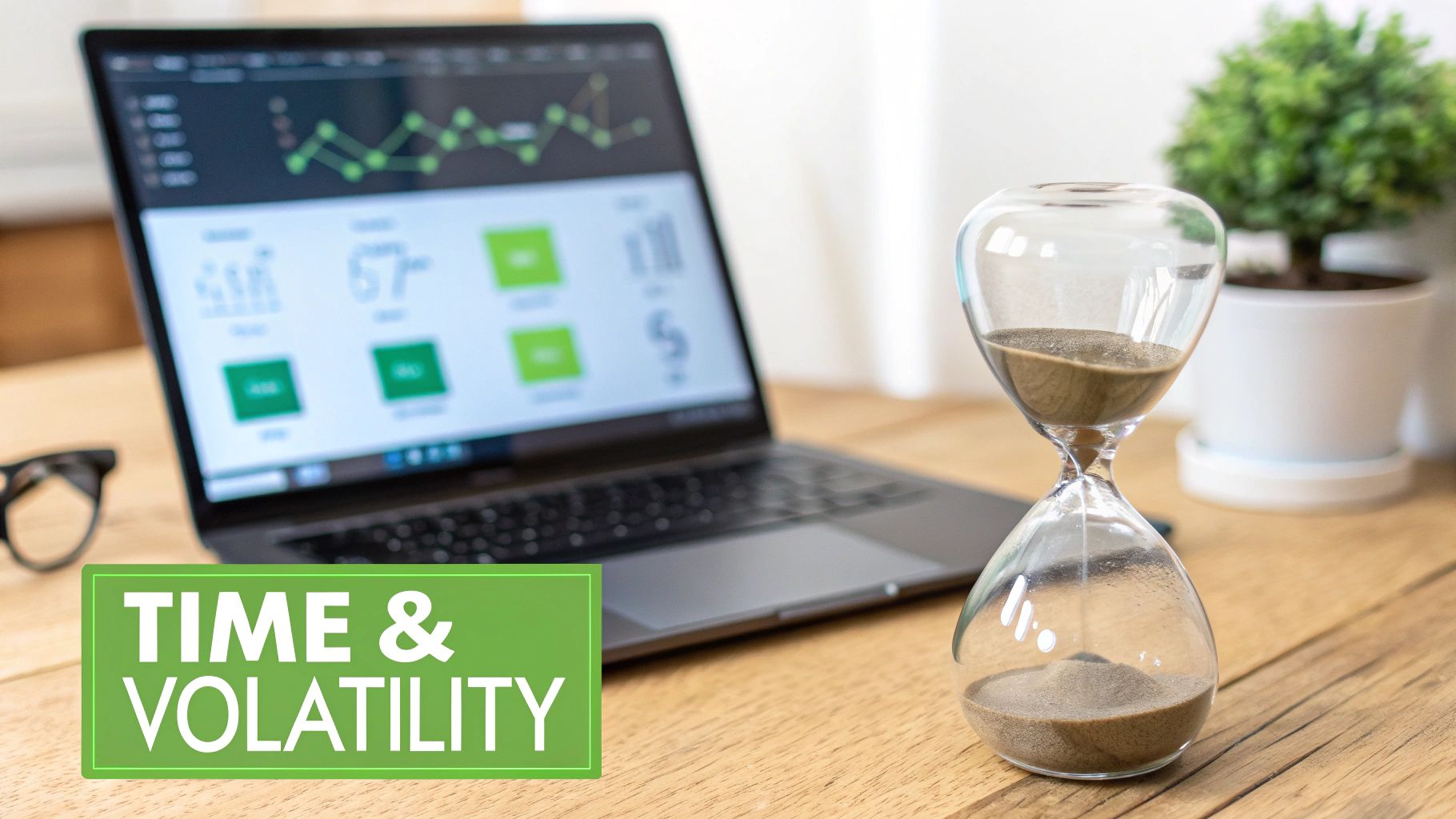 A desk setup with a laptop showing financial charts, an hourglass, glasses, and a potted plant, with a 'Time & Volatility' overlay.