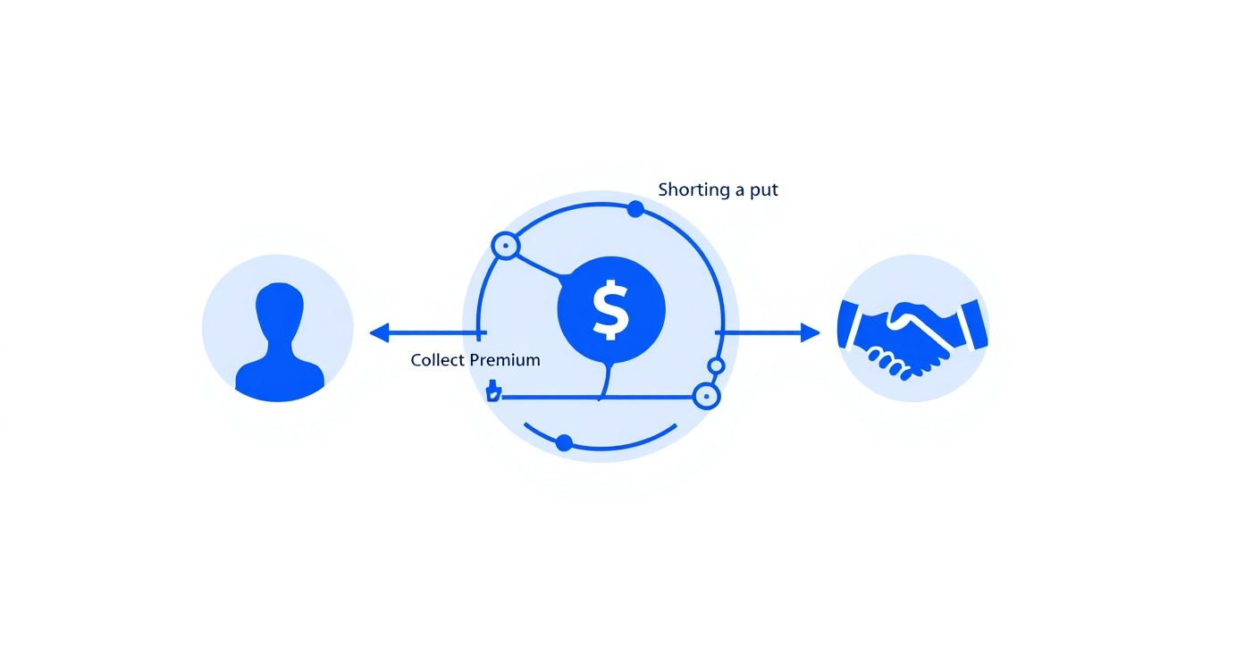 Diagram illustrating the process of shorting a put option, showing premium collection and a trade agreement.