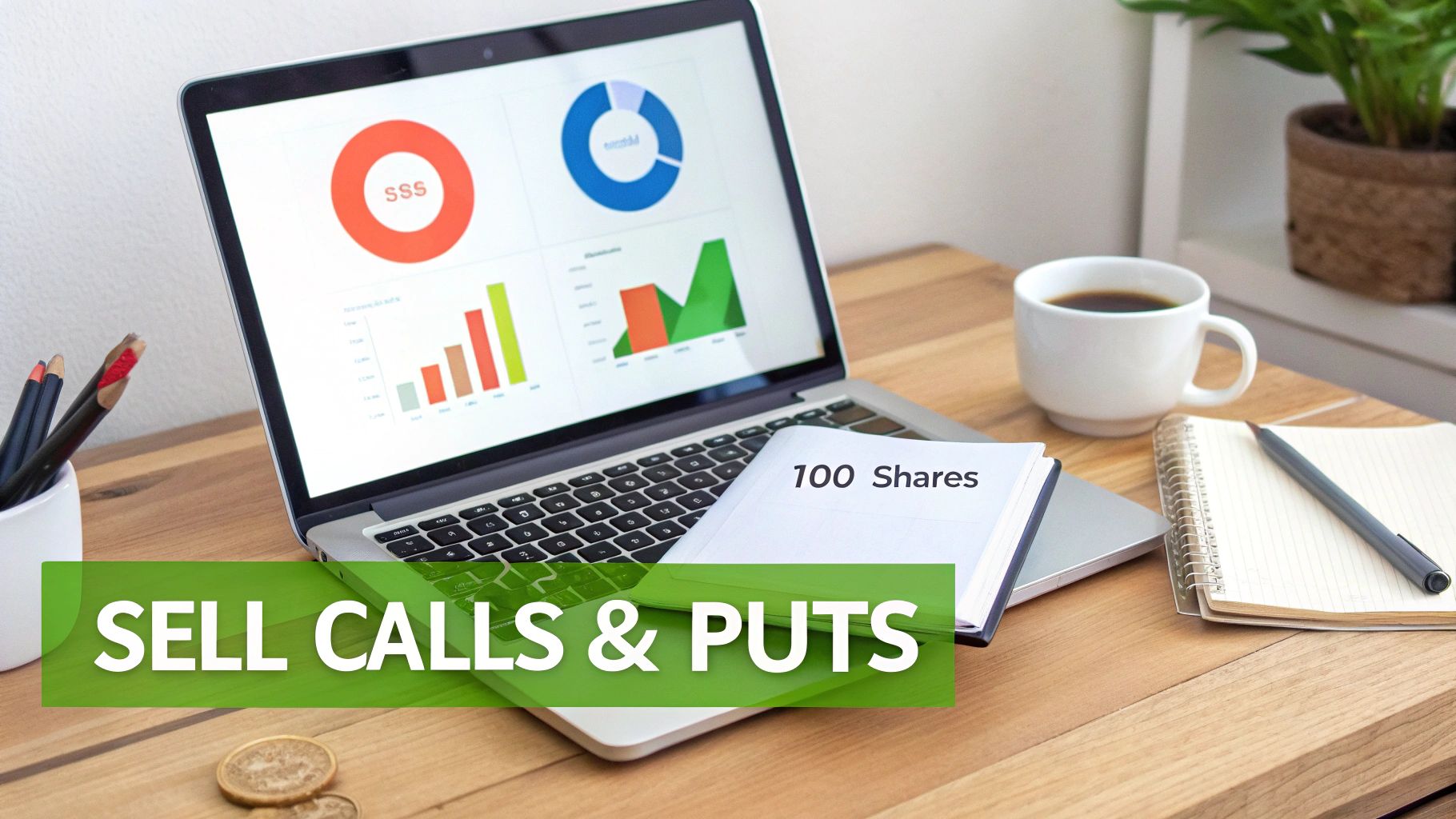Desk with laptop showing financial data, a notebook, coffee, and 'SELL CALLS & PUTS' text.