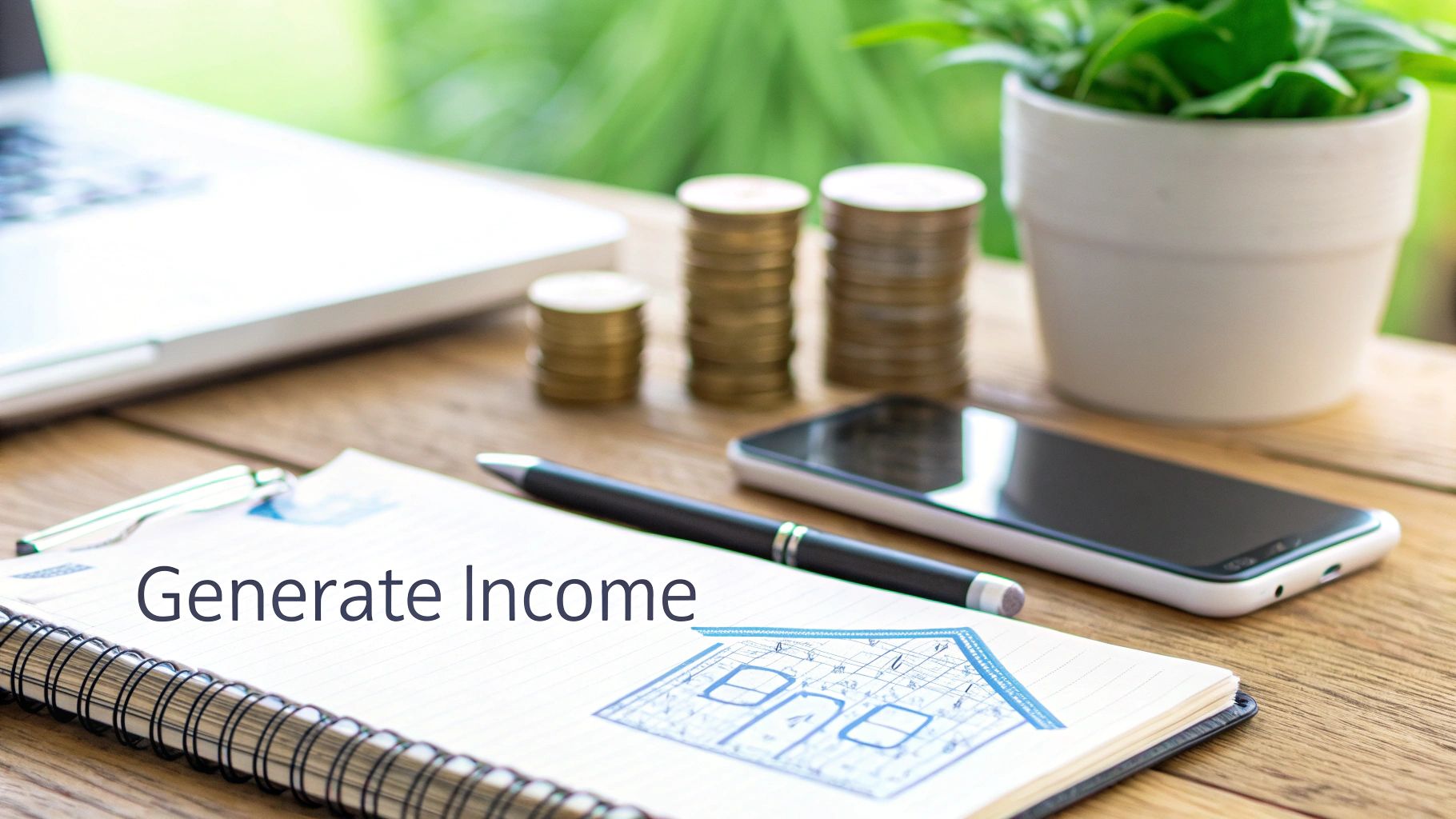 Desk scene with laptop, coins, phone, and notebook showing 'Generate Income' and a house blueprint.