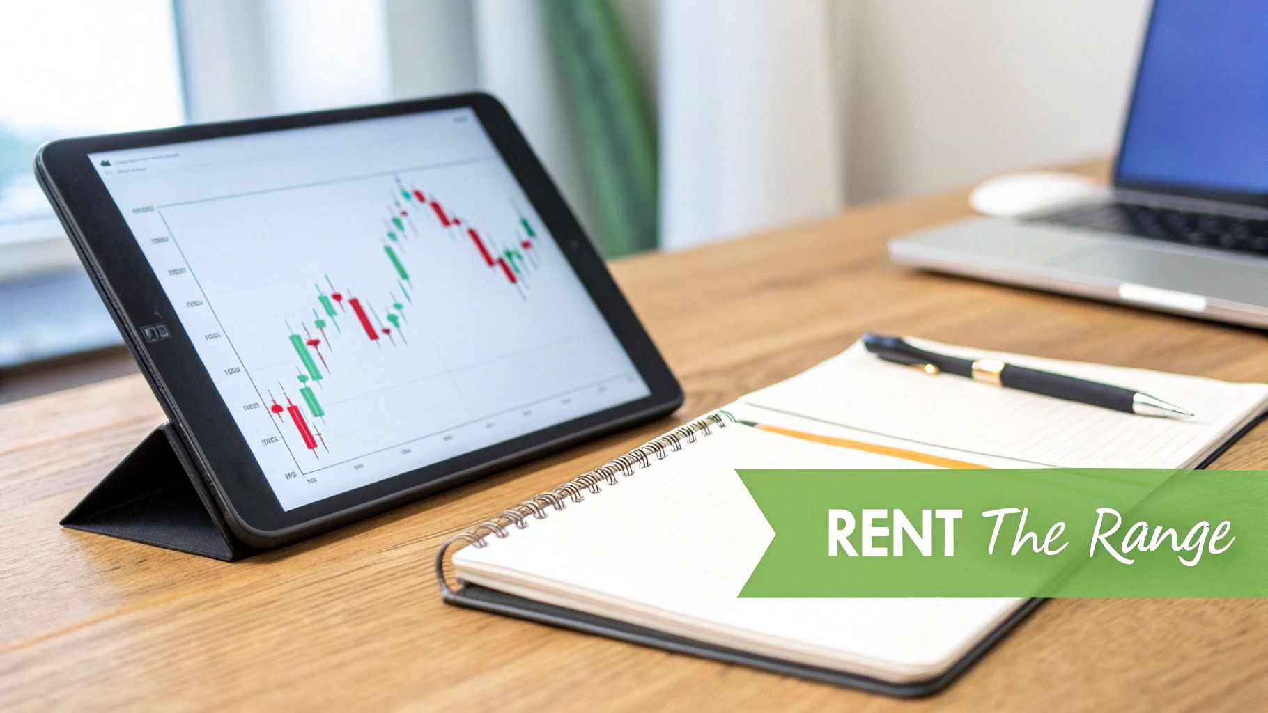 A tablet displays a financial candlestick chart next to a notebook and pen, with a laptop in the background.