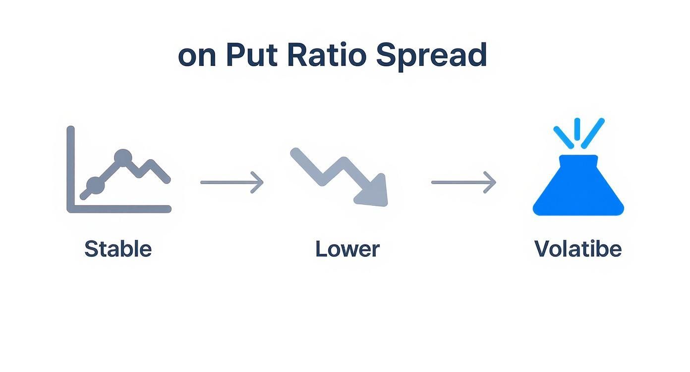 Diagram showing the progression of a Put Ratio Spread from stable to lower to volatile market conditions.