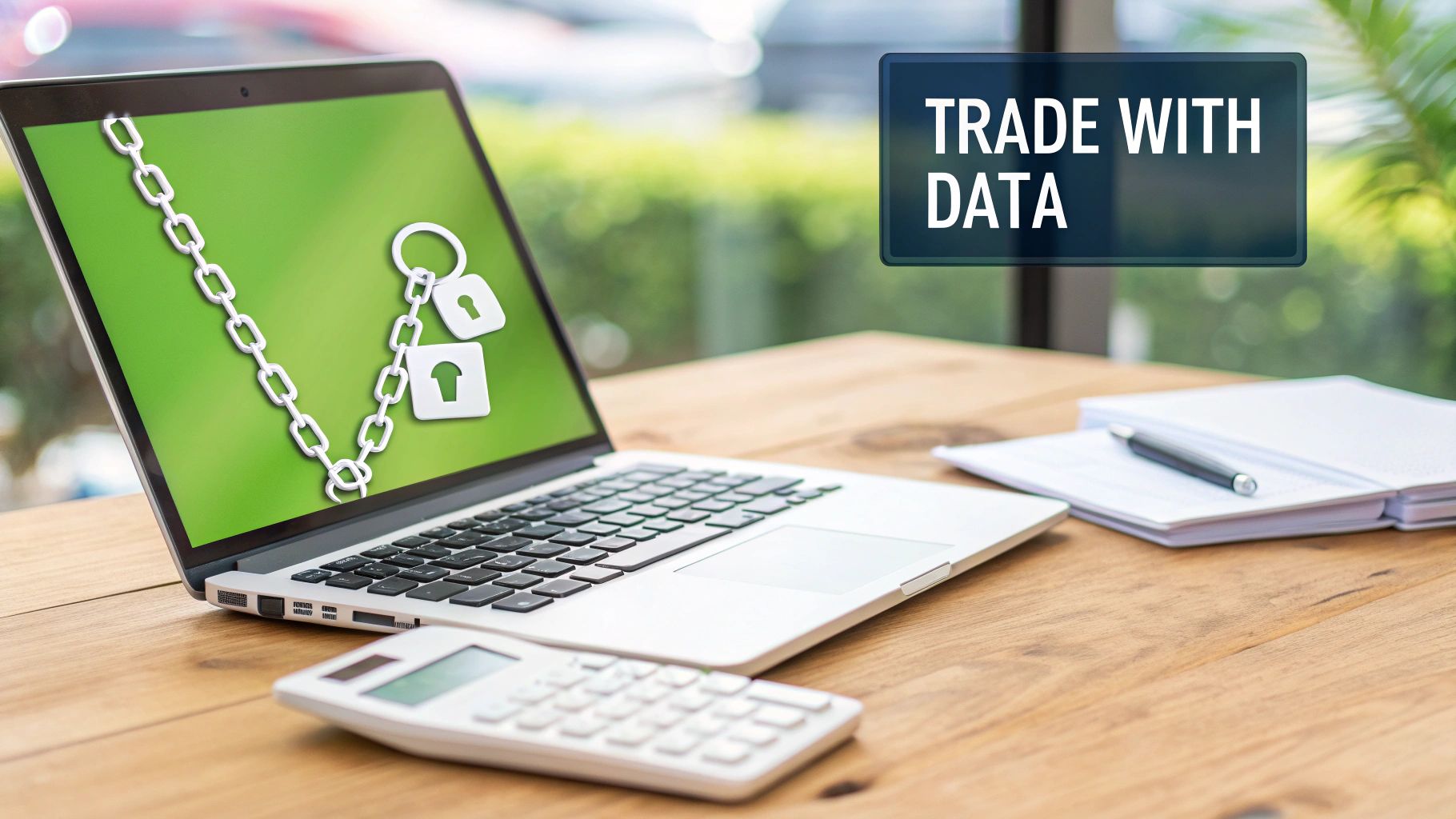 Laptop displaying chain and lock icons, with a calculator and 'TRADE WITH DATA' sign on a wooden desk.