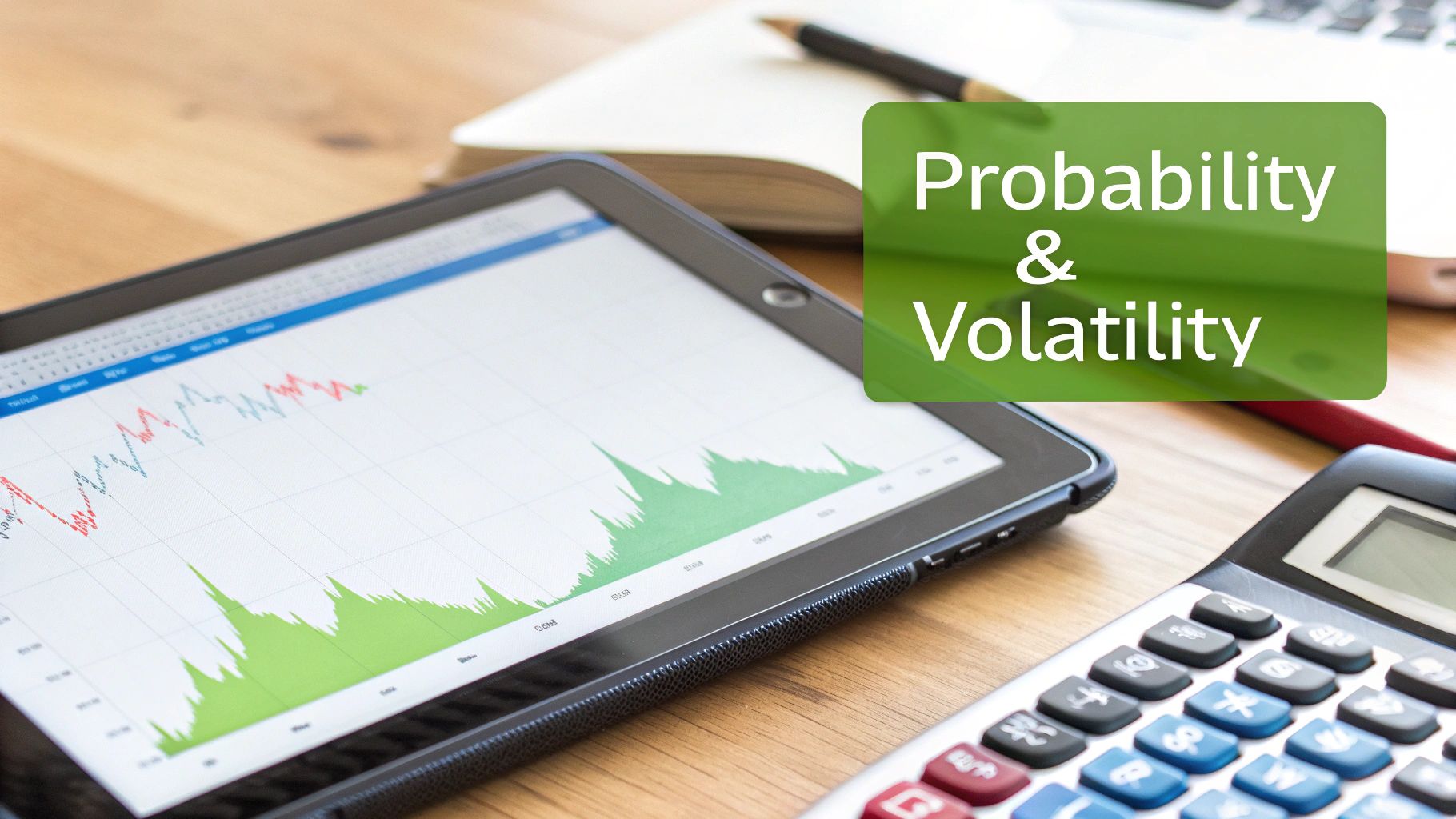 A tablet displaying financial charts, a calculator, and a notebook on a wooden desk with text "Probability & Volatility."