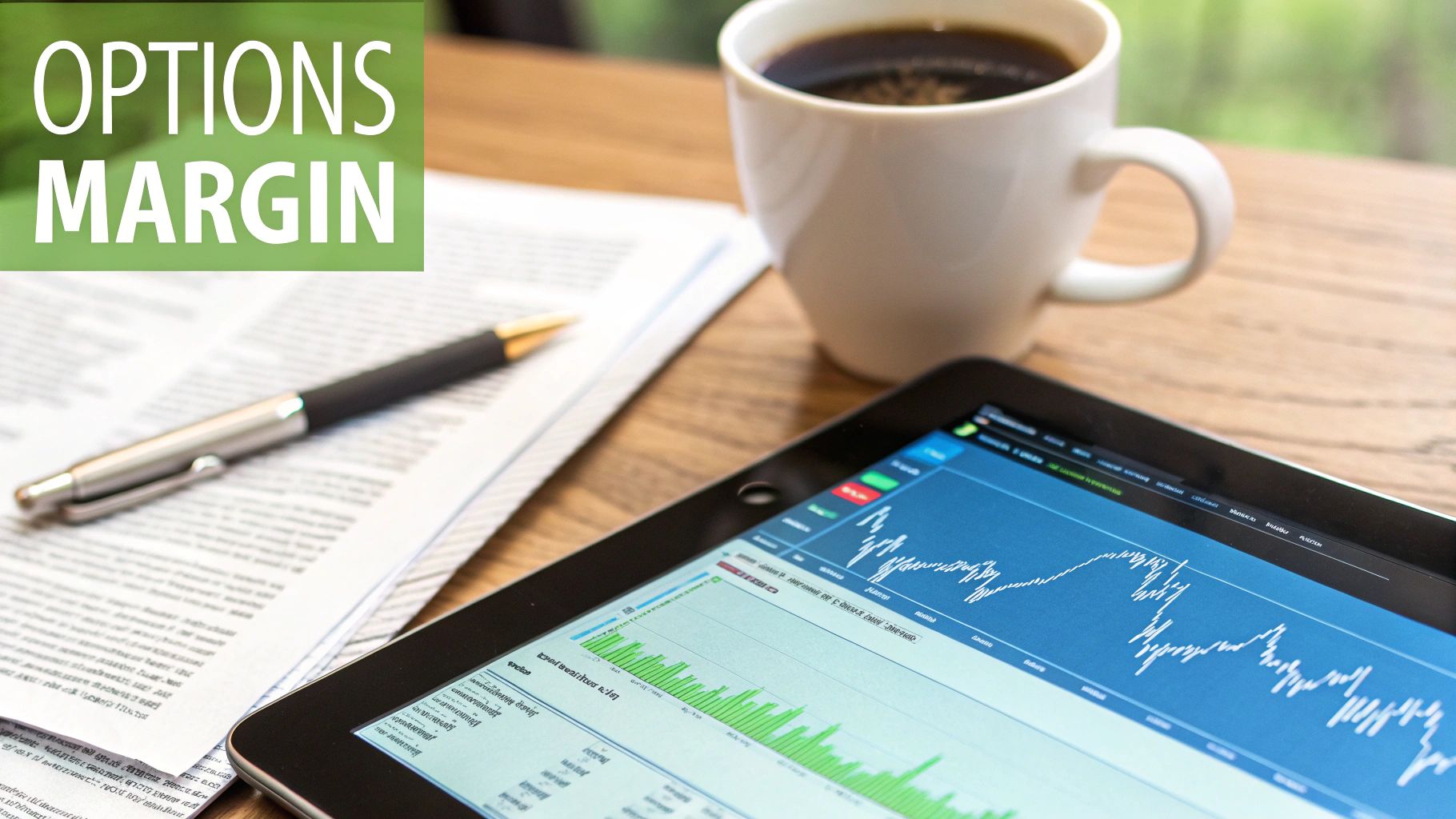 A tablet displays financial charts next to a pen, document, and coffee mug on a wooden desk with 'OPTIONS MARGIN' text overlay.