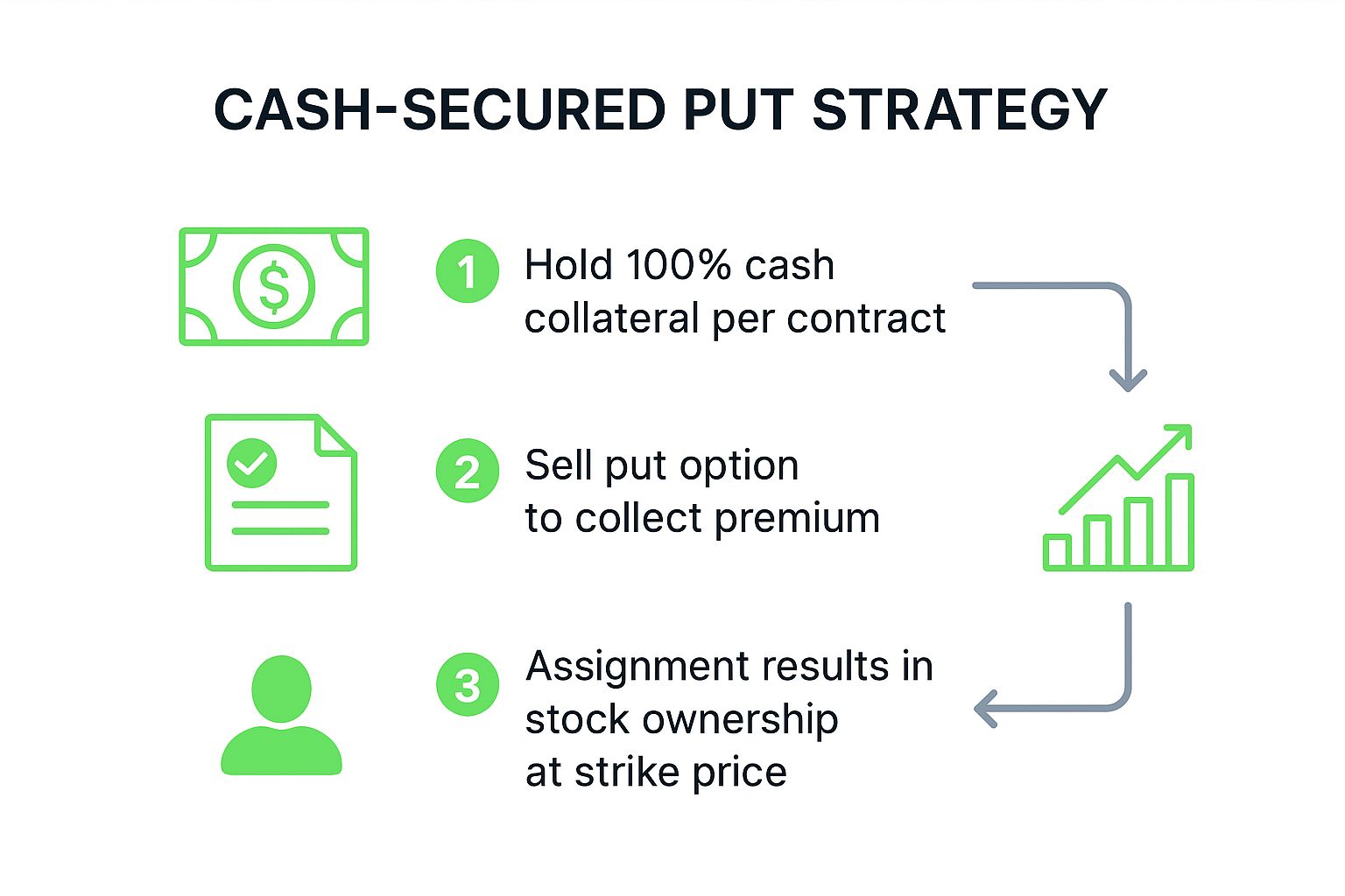 Infographic showing the three-step process of a cash-secured put: 1. Hold 100% cash collateral. 2. Sell the put option and collect premium. 3. Assignment results in owning the stock at the strike price.