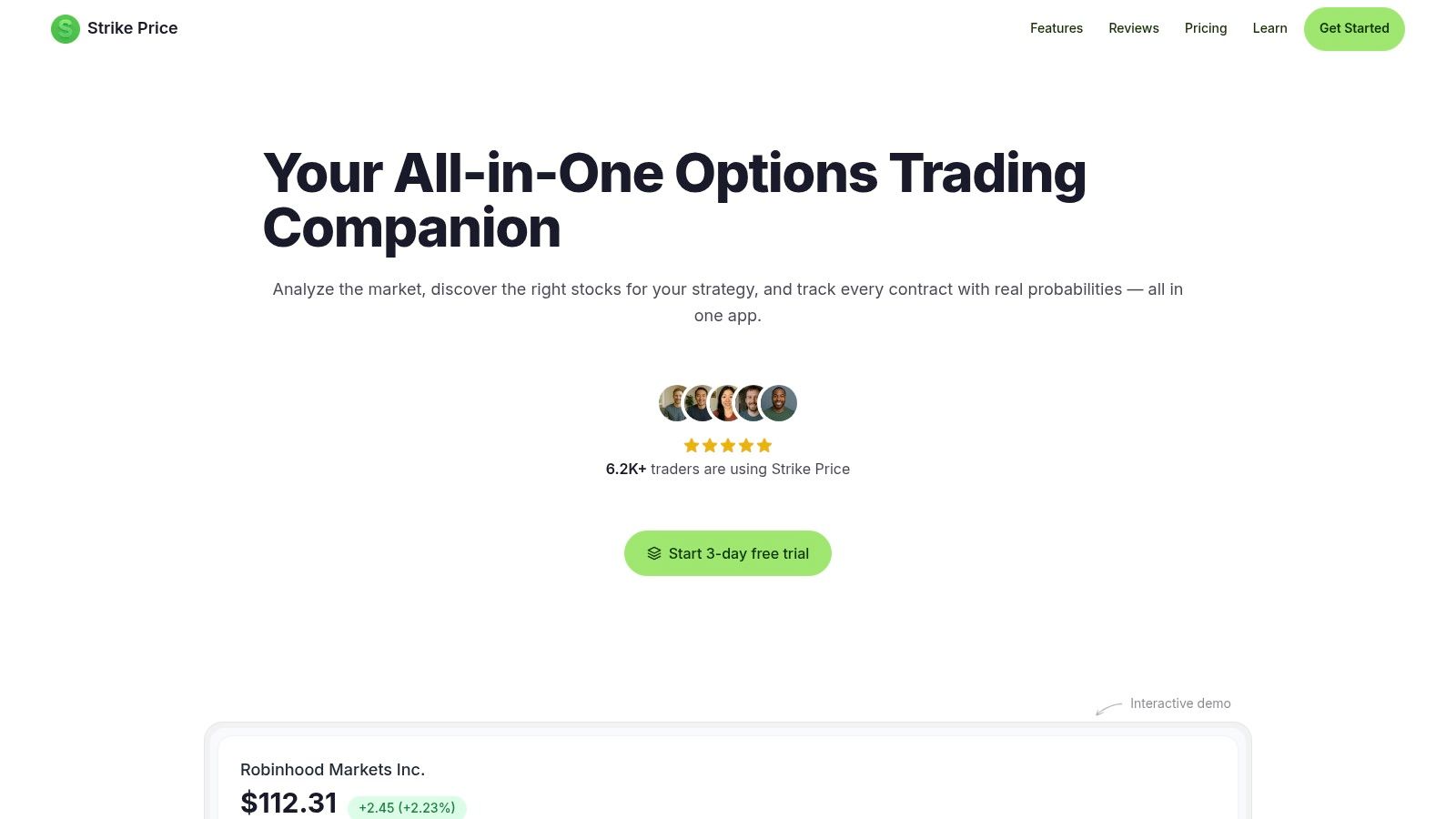 Strike Price dashboard showing portfolio tracking and probability metrics