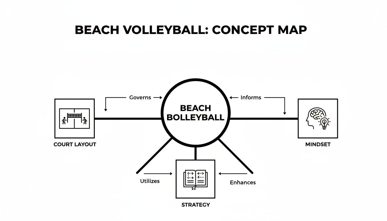 A concept map titled 'Beach Volleyball' showing connections to Court Layout, Mindset, and Strategy.