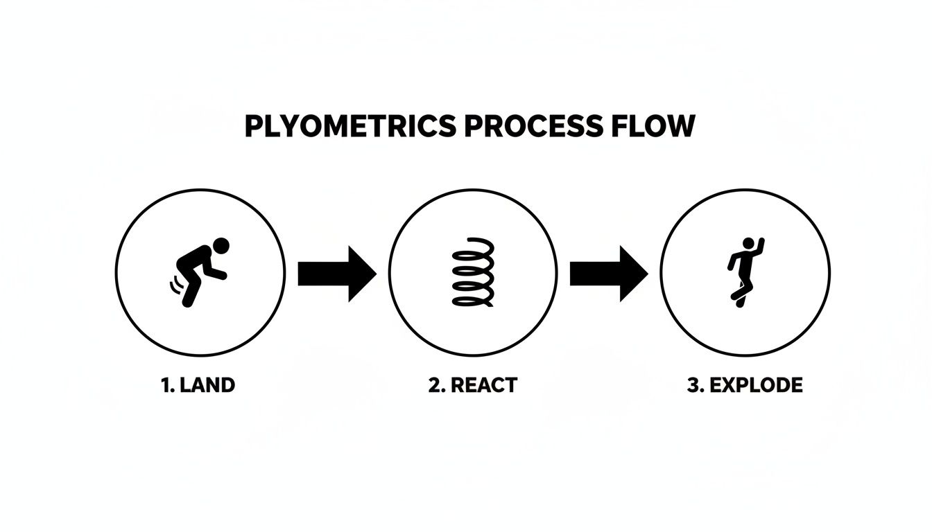 Diagram illustrating the plyometrics process flow: land, react with a spring, and explode to jump.