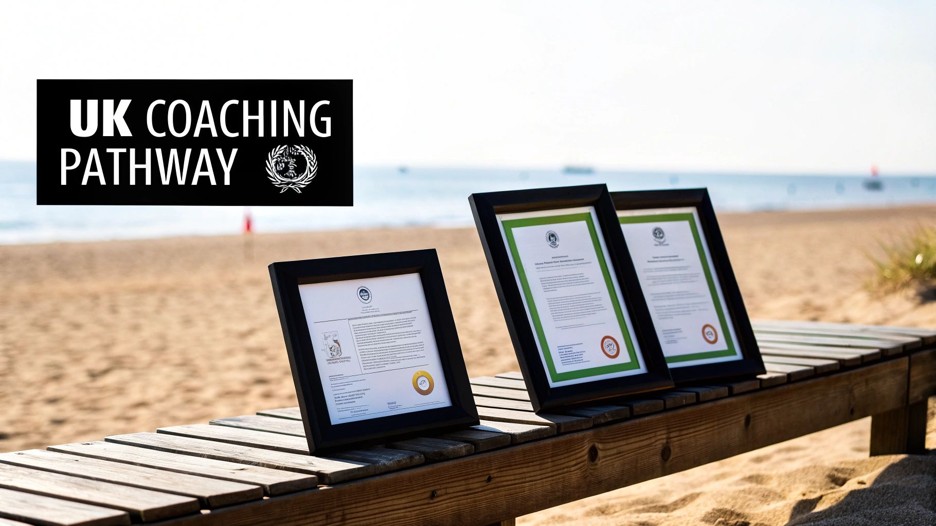 UK Coaching Pathway certificates displayed on a wooden beach lounger with the ocean in the background.