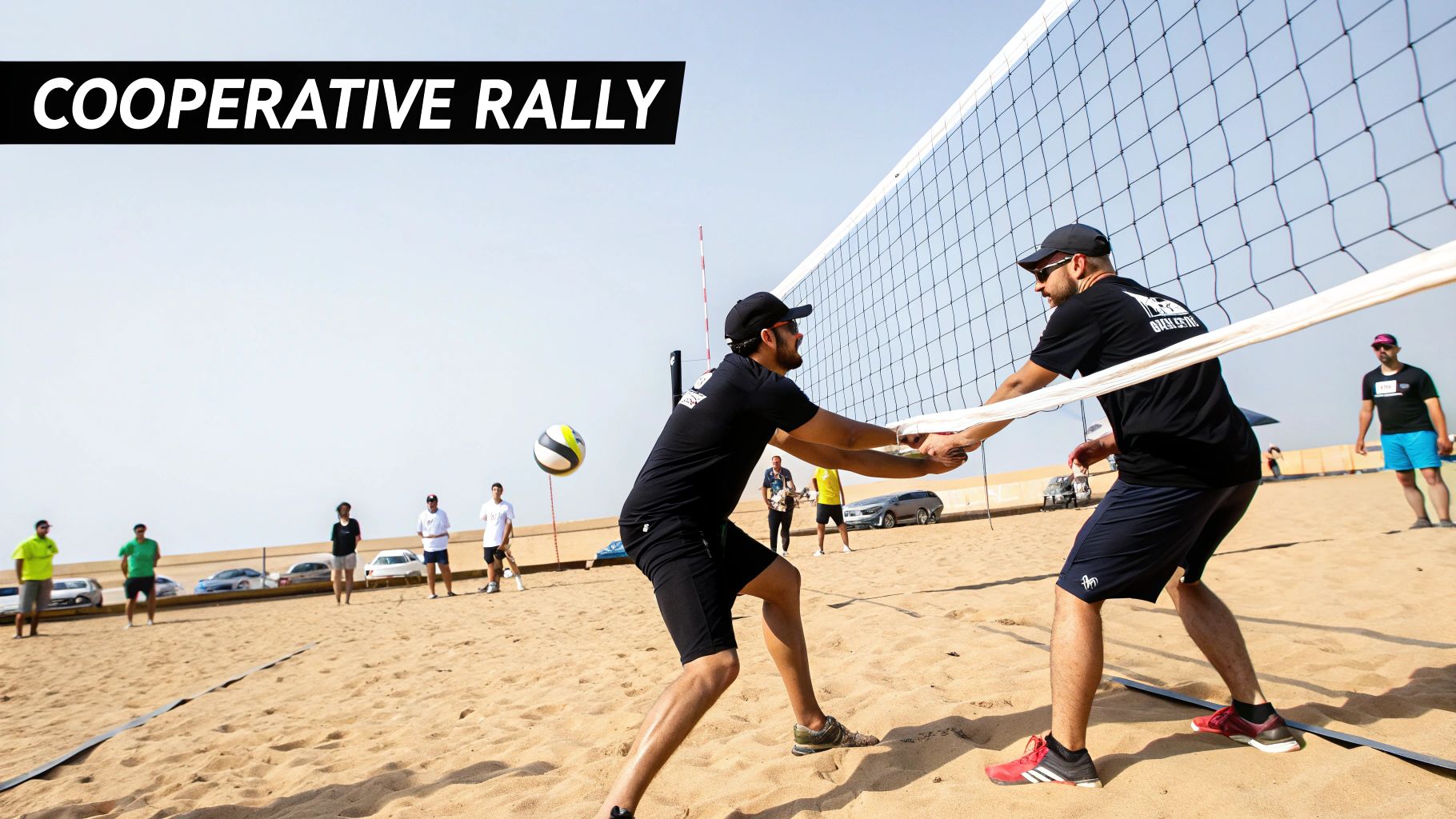 Two men playing beach volleyball on a sunny day, one reaching over the net.