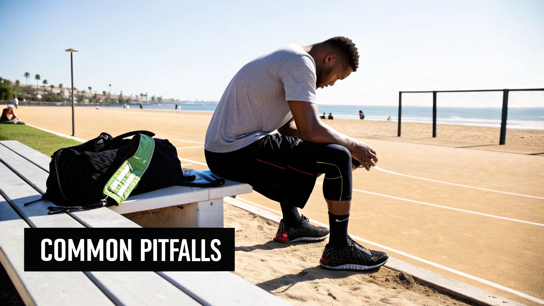 A man in athletic wear sits on a bench on a running track next to a beach, looking down.