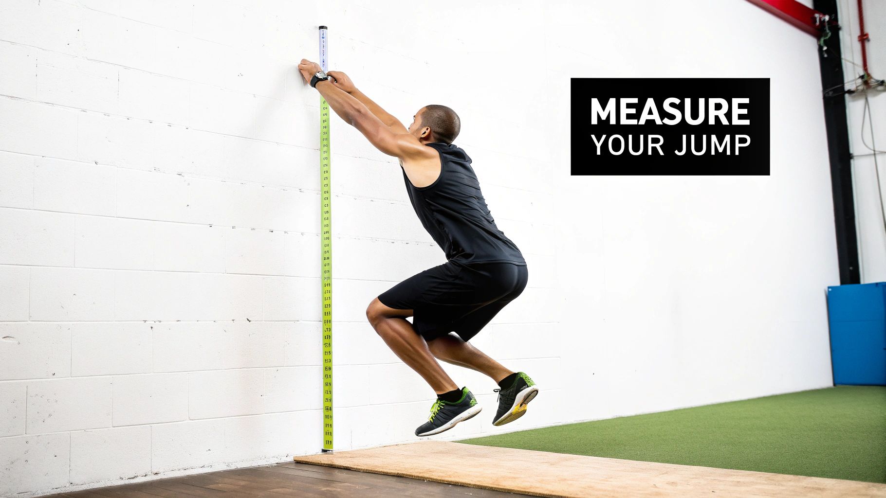 A man in athletic wear performing a vertical jump test against a white wall with a height ruler.