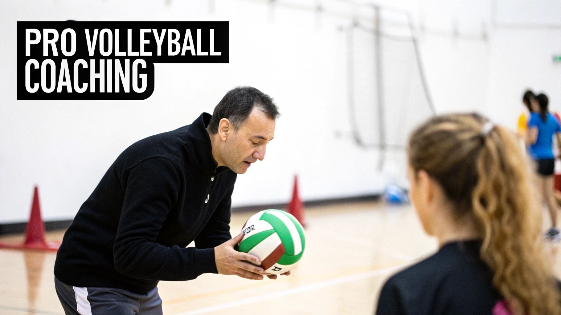A male professional volleyball coach demonstrates technique with a ball to a female player in a gym.