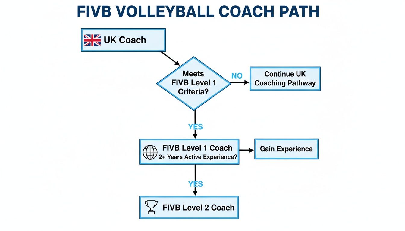 Flowchart illustrating the FIVB Volleyball Coach Path, detailing steps from UK coach to Level 1 and Level 2 certification.