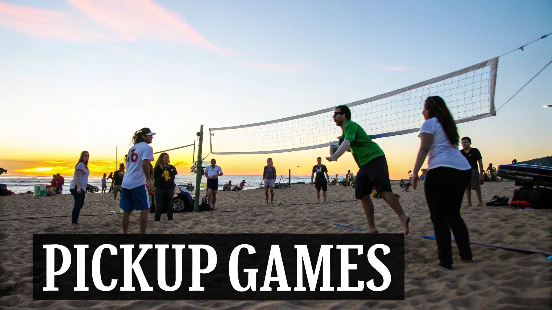 People enjoying a lively game of beach volleyball at sunset, with a net on the sandy shore.