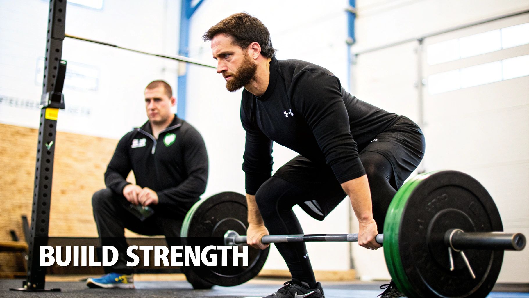 A man in black athletic wear deadlifts a barbell with a spotter observing in a gym.