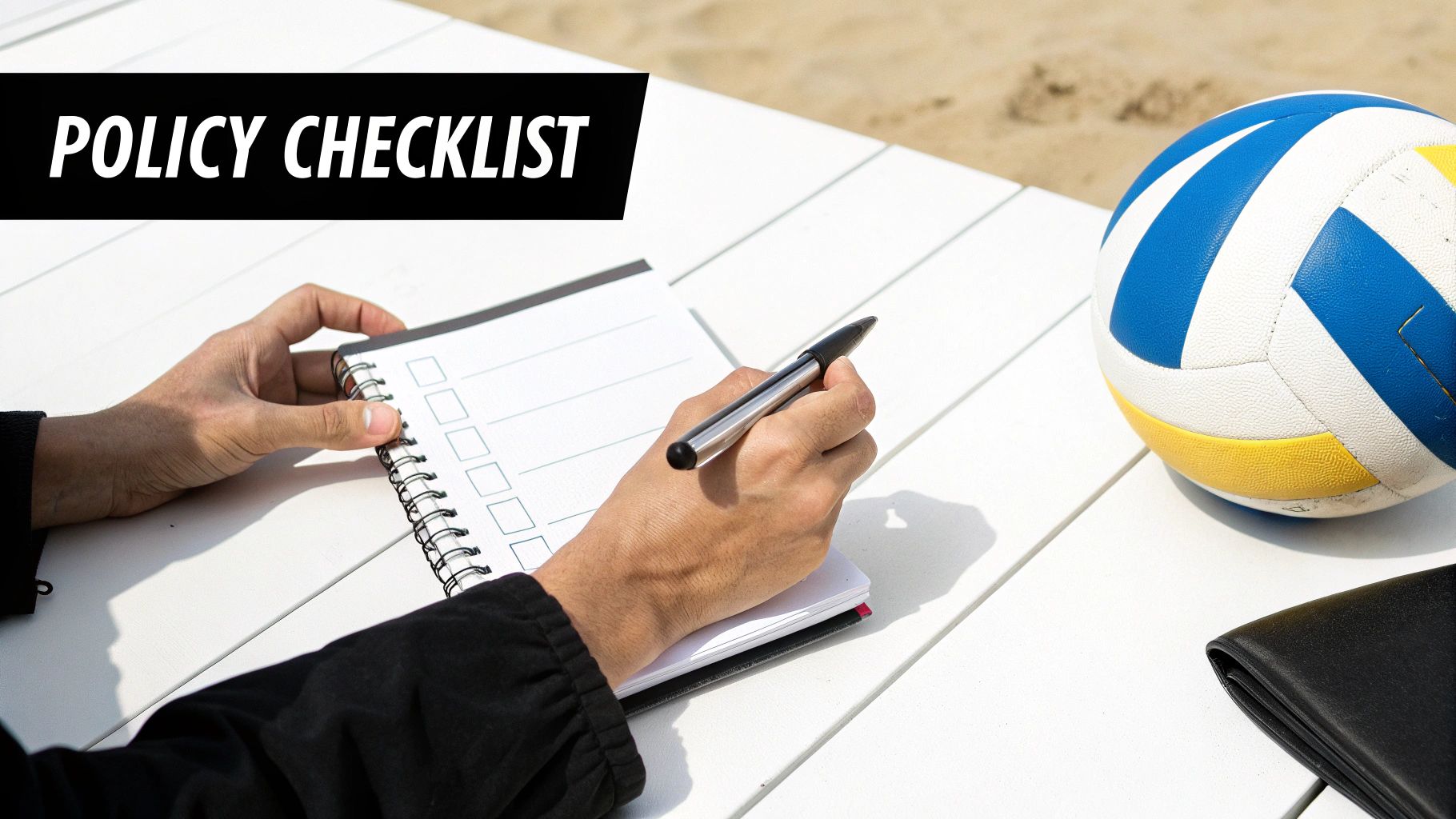 Hands filling out a policy checklist in a notebook on a white table, with a volleyball and sand.