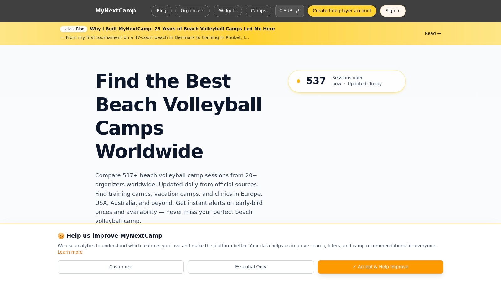 A screenshot of the MyNextCamp website showing a map of Italy with various beach volleyball camp locations pinpointed.
