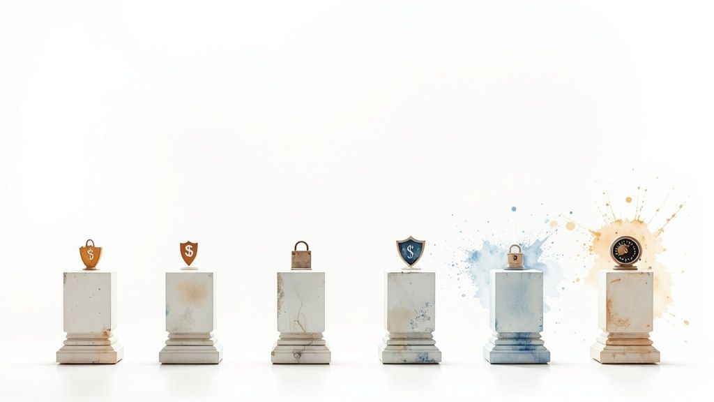 Six pedestals display symbols of financial protection, security, and guidance with colorful splatters.