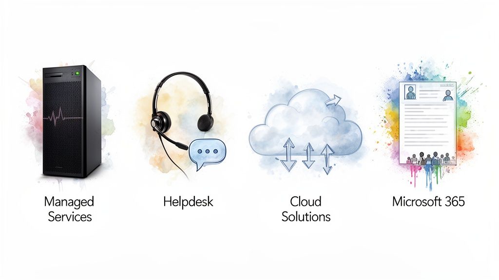 Four distinct IT service icons: Managed Services, Helpdesk, Cloud Solutions, and Microsoft 365.