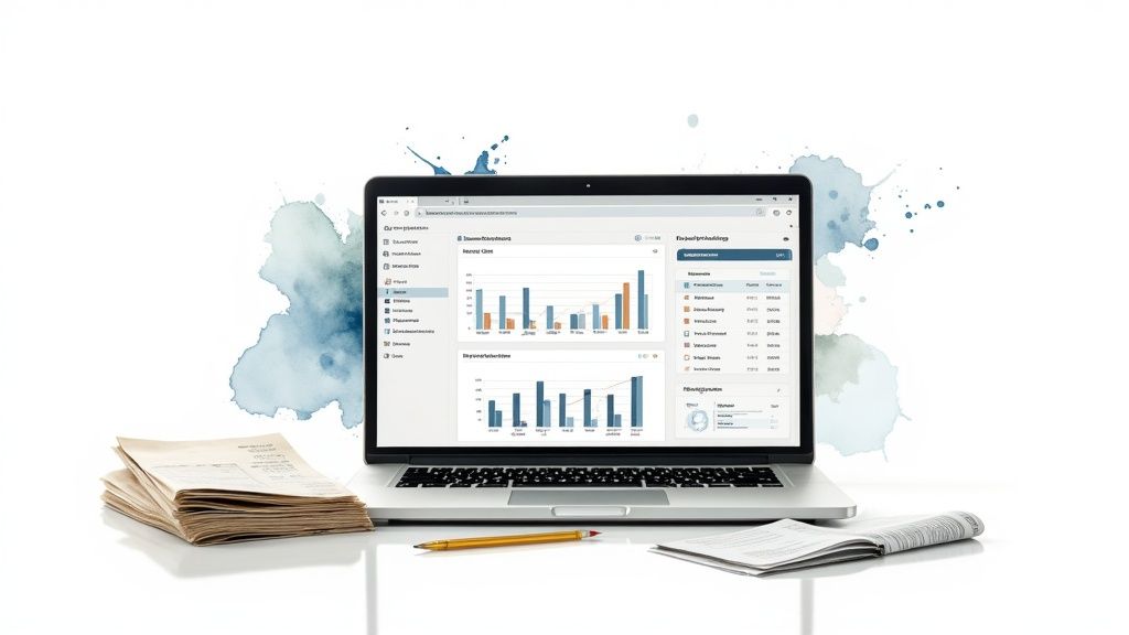Laptop displaying financial charts and bookkeeping software dashboard with paper documents and office supplies