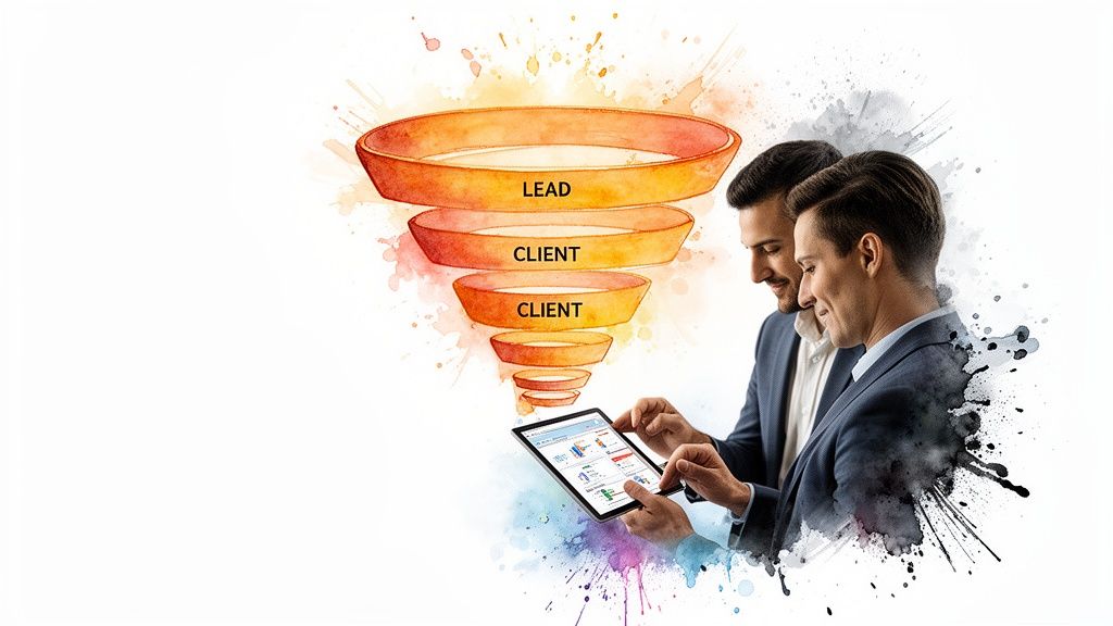 Two businessmen analyze sales data on a tablet next to a visual marketing funnel.