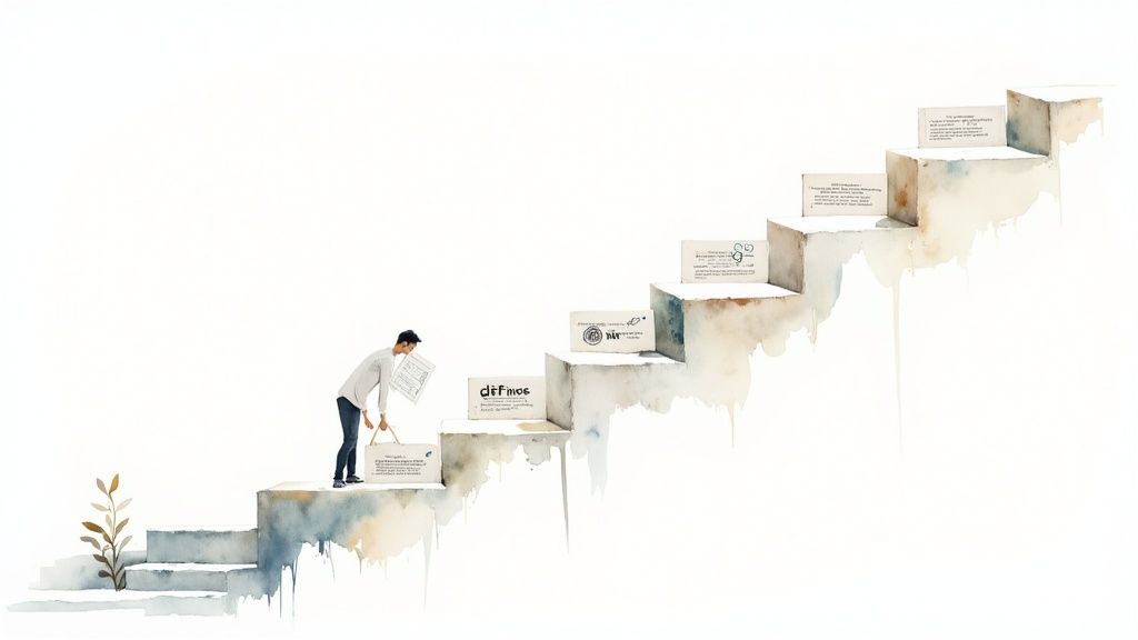 A person places boxes with information on watercolor steps, symbolizing progress and building knowledge.