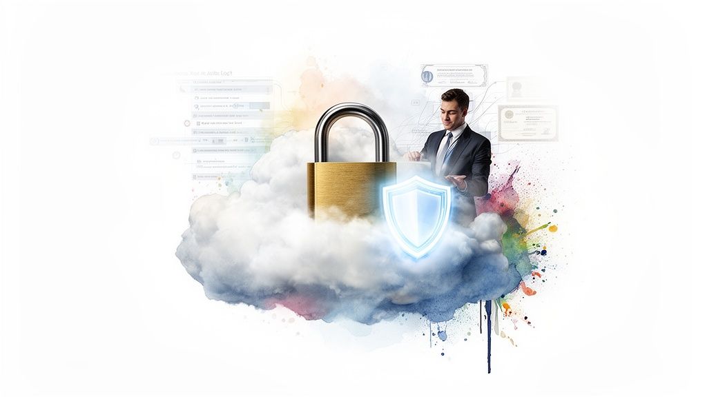 Businessman next to a cloud with a padlock and glowing shield, representing digital data protection.