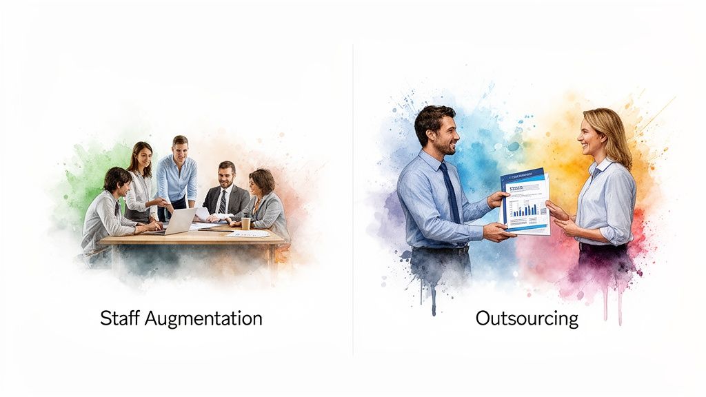 Two business scenarios: a team collaborating for staff augmentation and a man handing documents to a woman for outsourcing.