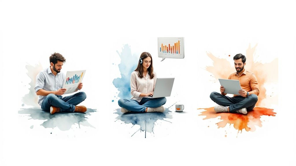 Three people, two men and a woman, working on laptops, tablets, and documents with data charts, surrounded by watercolor splashes.