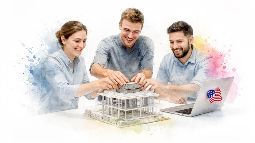 Three smiling architects collaborating on a house model with a laptop, showcasing teamwork and design.