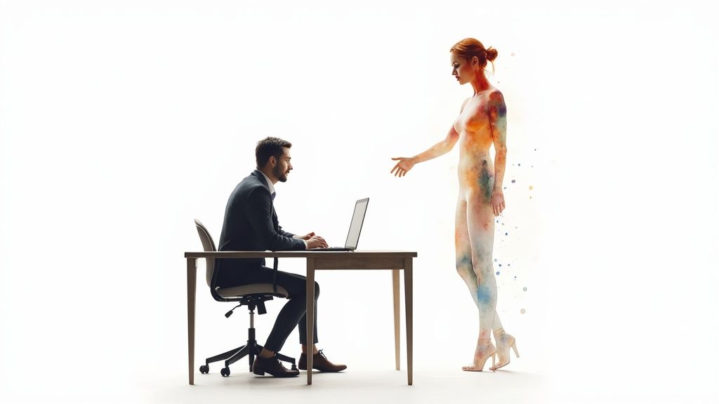 Man working on laptop while woman reaches out seeking attention, depicting work-life balance challenges