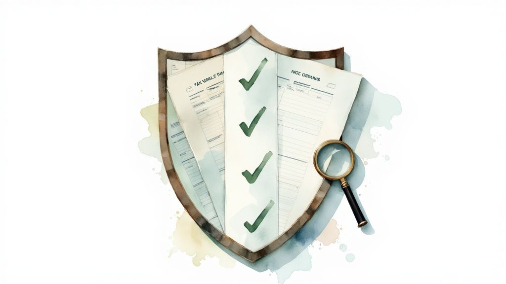 Shield with tax compliance documents, checkmarks, and magnifying glass representing payroll protection and verification