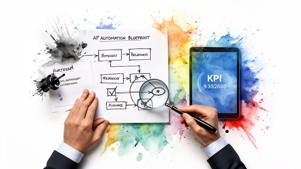 Hands drawing an AP Automation Blueprint flowchart, inspecting with a magnifying glass, next to a tablet showing KPIs.