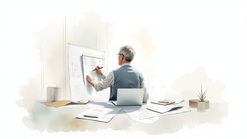 Rear view of an architect intensely drawing on large blueprints at a desk.