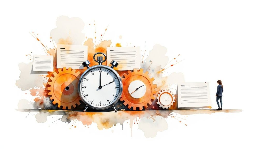 Stopwatch with orange gears, floating documents, and business person representing time management and productivity