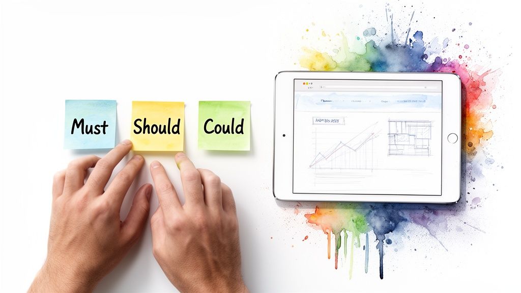 Hands organizing 'Must', 'Should', 'Could' sticky notes next to a tablet showing data and sketches.