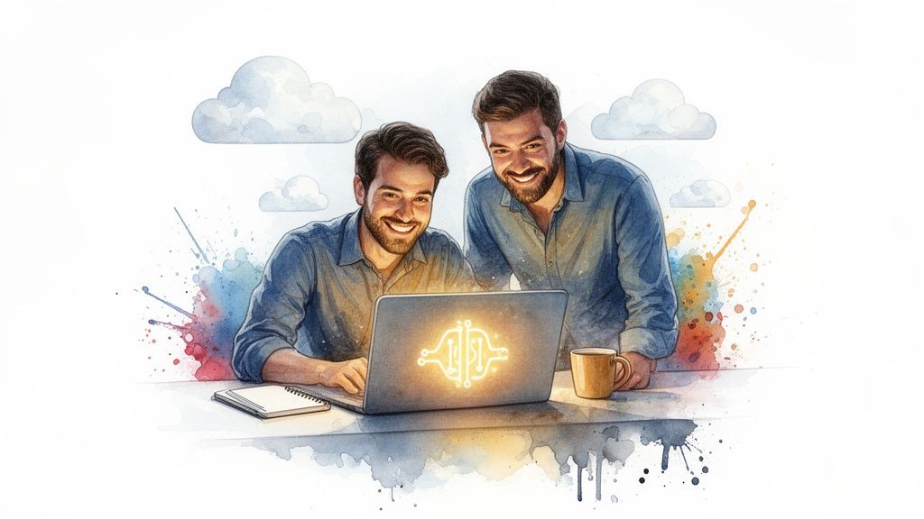 Two smiling men in blue shirts collaborating on a laptop with a glowing AI symbol, surrounded by watercolor splatters and clouds.